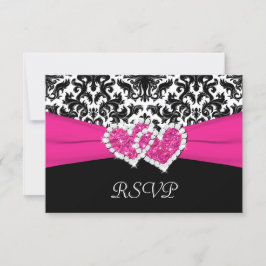 Svart, Vit, Rosa Damask & Hjärtan Svarskort OSA Kort