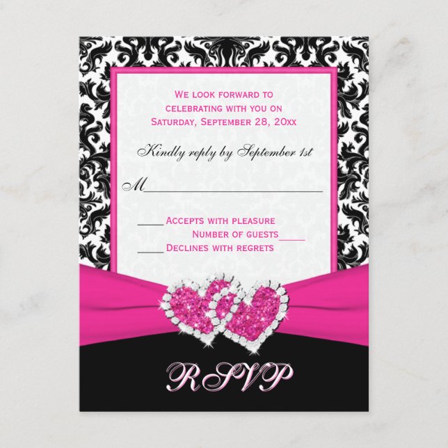 Svart, Vit, Rosa Damask & Hjärtan Svarskort OSA Kort (Framsida)