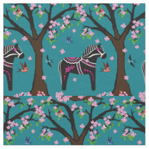 Svart/vit/rosa folkdala häst/fåglar/blommor 2.7 tyg
