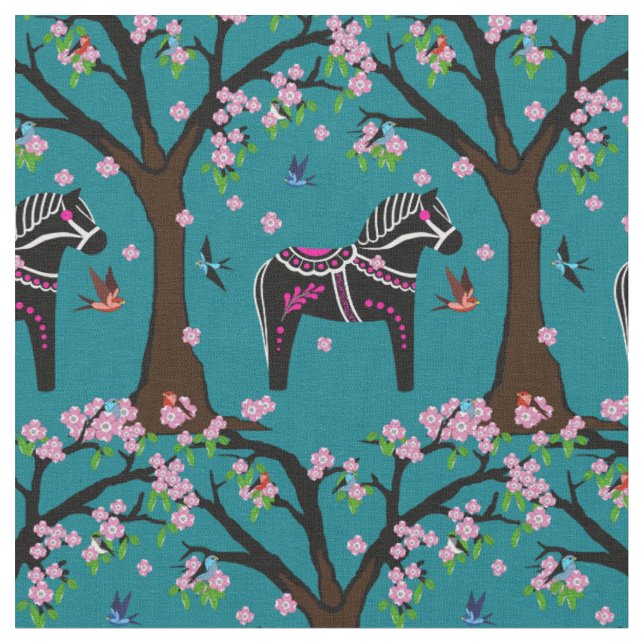 Svart/vit/rosa folkdala häst/fåglar/blommor 2.7 tyg (Närbild)