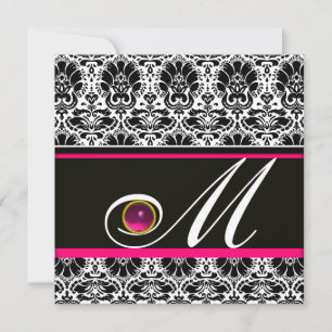 SVART VIT ROSA FUCHSIA DAMASK MONOGRAM Amethyst Inbjudningar