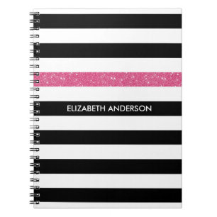 Svart Vit Rosa Glitter Rand Namn Anteckningsbok Med Spiral