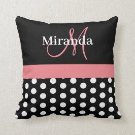 Svart vit Rosa Monogram-skript Polka dots-knapp Kudde