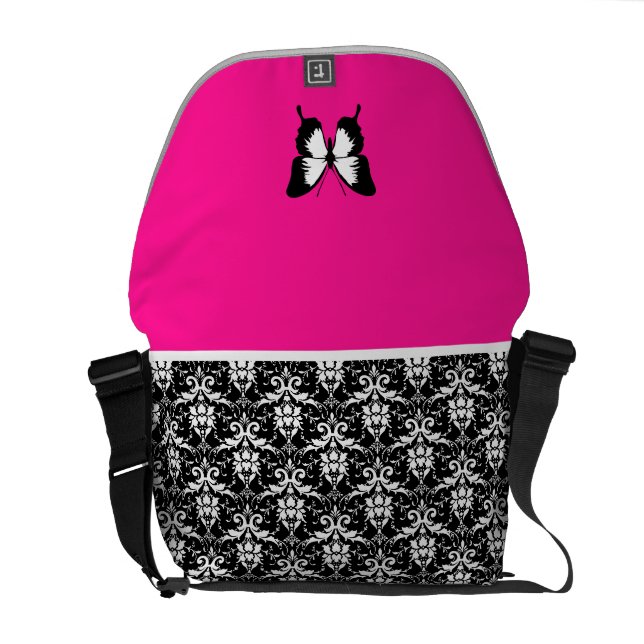 Svart & vit & rosor med vingar messenger bag (Öppen Baksida)