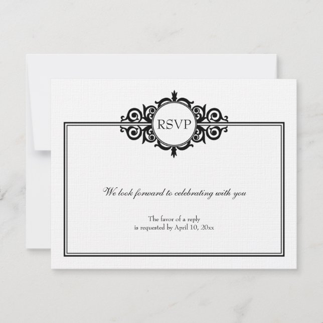 Svart vit rullgardins- viktoriansk bröllop RSVP-sv OSA Kort (Framsida)
