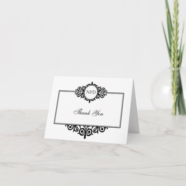 Svart vit rullningsram monogram tackkort (Framsida)