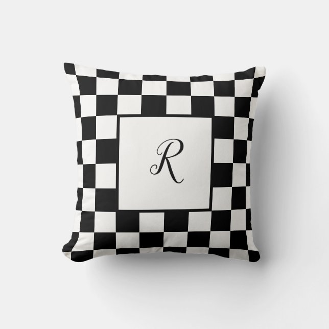 Svart & vit rutig design med monogram kudde (Framsida)