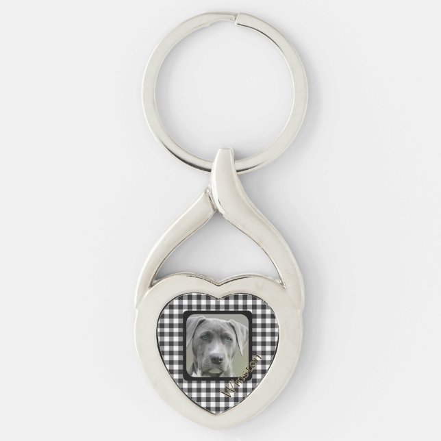 Svart Vit Rutig Djurfantast Hund Twisted Heart Silverfärgad Nyckelring (Framsidan)
