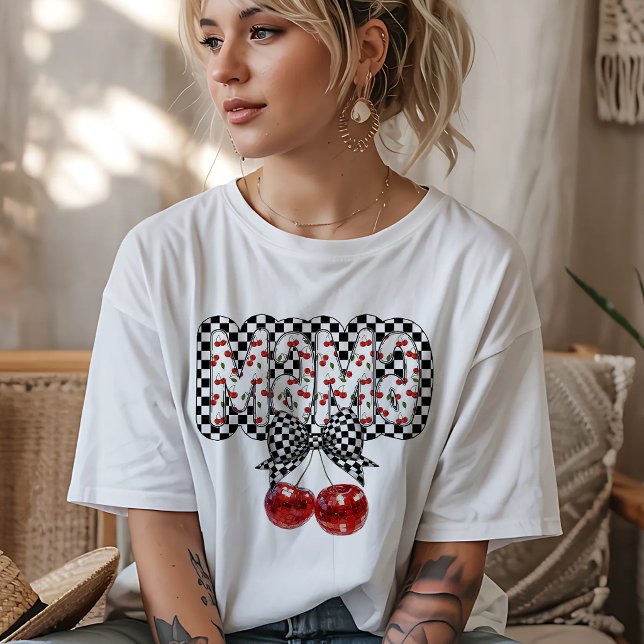 Svart & Vit Rutig Körsbärsmamma T Shirt (Skapare uppladdad)