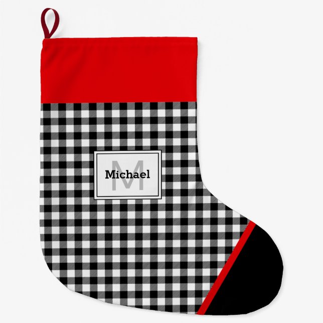 Svart & vit rutig tåtrim Monogram Stor Julstrumpa (Framsidan)