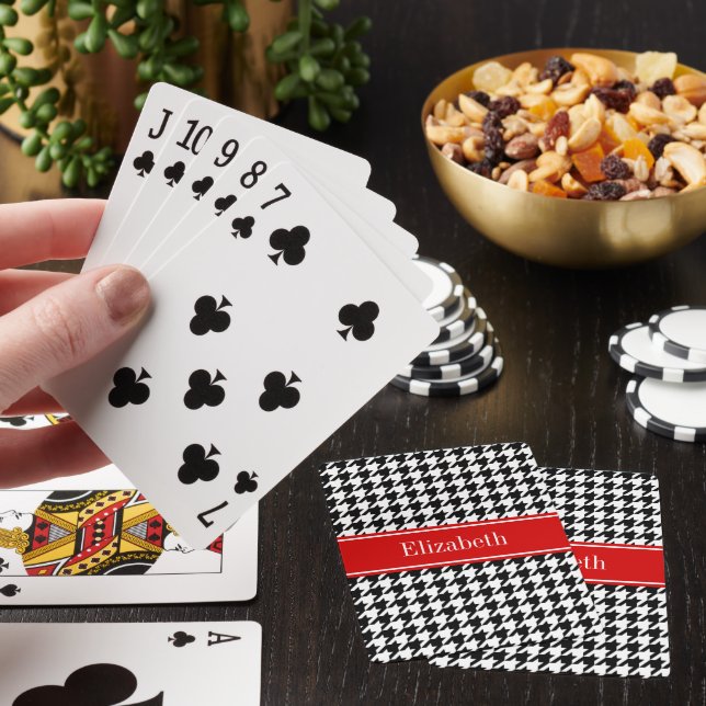 Svart Vit Rutmönster Röd Namn Monogram Casinokort (På plats)