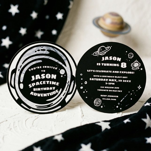 Svart vit rymdastronautinbjudan på födelsedagen inbjudningar (Black White Space Astronaut Birthday Invitations)