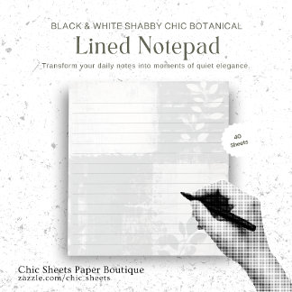 Svart & Vit Shabby Chic Botanisk Linjerad Anteckni Anteckningsblock