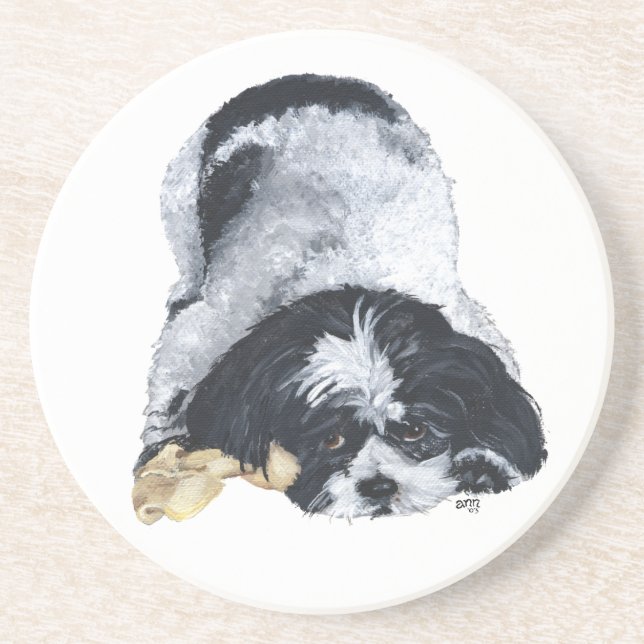 Svart & Vit Shih Tzu på sandstens-coaster Underlägg Sandsten (Framsidan)