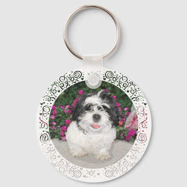 Svart & Vit Shih Tzu Valp Räddnings Hund Nyckelring (Framsida)