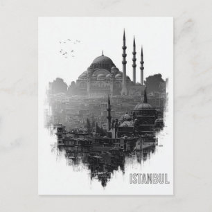 Svart & Vit Silhuett av Istanbul Stadens Skyline Vykort