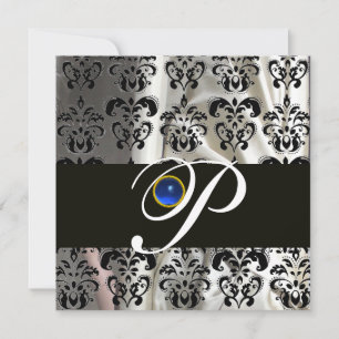 SVART VIT SILKE DAMASK MONOGRAM BLÅ SAFIR INBJUDNINGAR