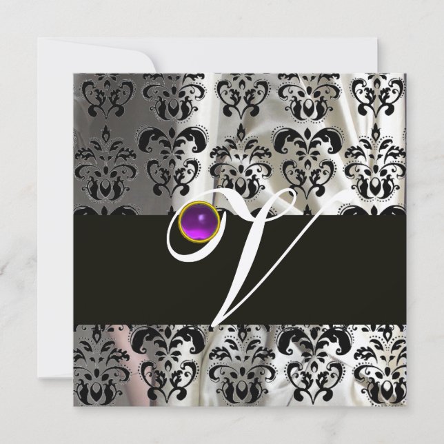SVART VIT SILKE DAMAST MONOGRAM LILA AMETYST INBJUDNINGAR (Framsida)
