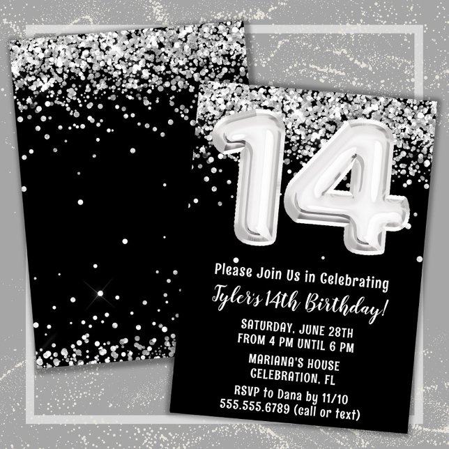 Svart Vit Silver 14-års födelsedagsfest Inbjudningar (Black and White 14th Birthday Party Invitation)