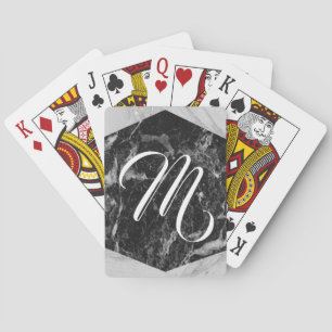 Svart Vit & Silver Marmor Modern Glam Monogram Spelkort