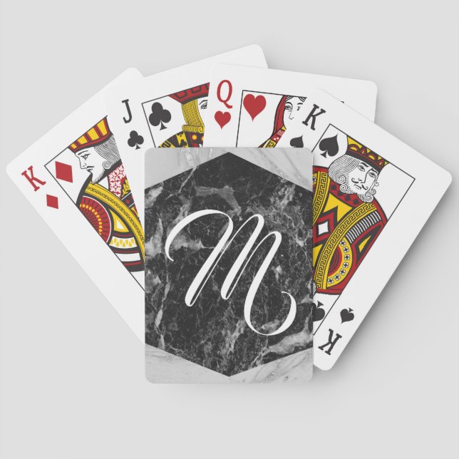 Svart Vit & Silver Marmor Modern Glam Monogram Spelkort (Baksidan)