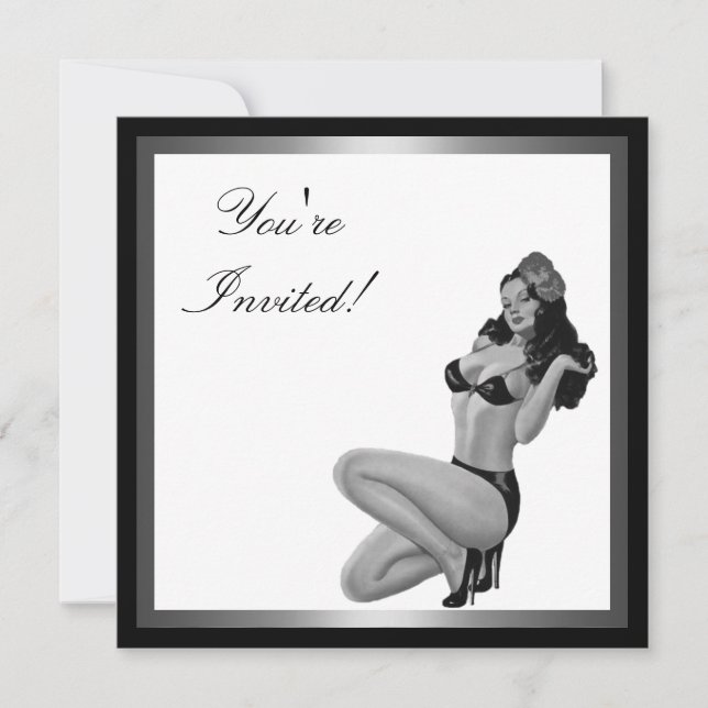 Svart & Vit Silver Style Pin-Up Tjej 20 Inbjudningar (Framsida)