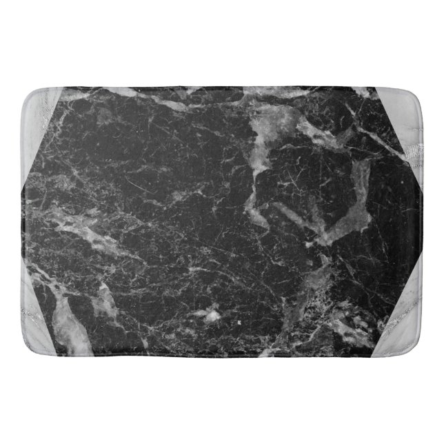 Svart Vit & Silvermarmor Modern Glam Trendig Badrumsmatta (Framsidan)