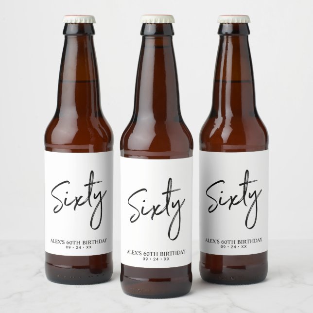 Svart & Vit Sixty Textning 60-årsfest Ölflaska Etikett (Flaskor)
