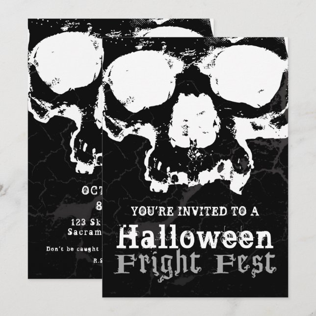Svart & Vit Skalle Grungy Halloween Skräckfest Inbjudningar (Fram/baksida)