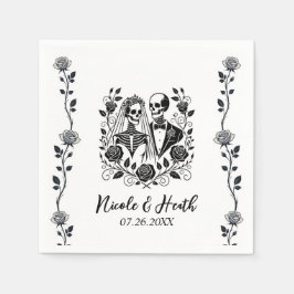 Svart Vit Skelett Blommig Ros Vin Äktenskap  Pappersservett