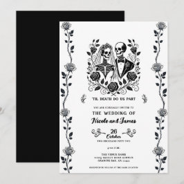 Svart Vit Skelett Blommig Ros Vin Höst Bröllop  Inbjudningar