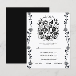 Svart Vit Skelett Blommig Ros Vin Julbröllop RSVP Inbjudningar