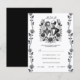 Svart Vit Skelett Blommig Ros Vinäktenskap Svar på Inbjudningar