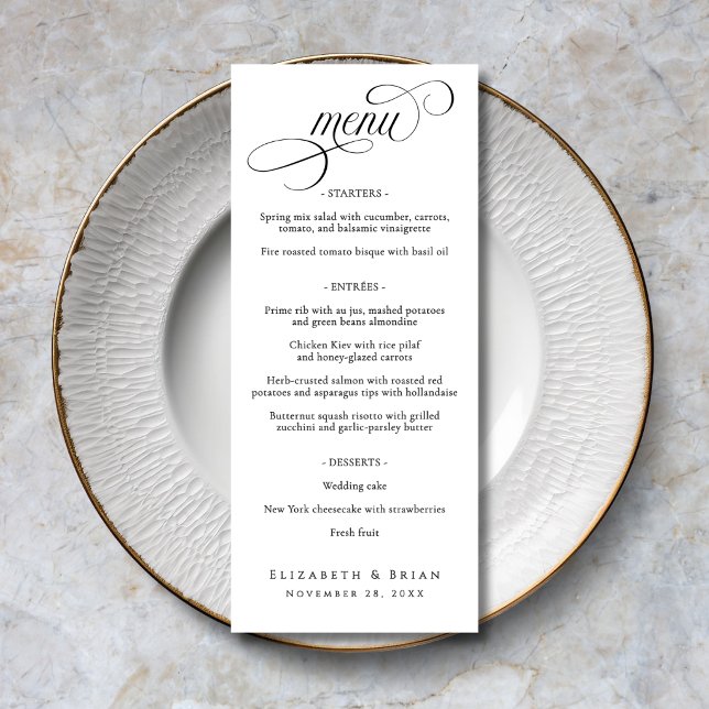 Svart Vit Skrift Elegant Bröllop Meny (Black and White Script Elegant Wedding Menu with customizable menu options.)