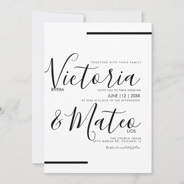 Svart Vit Skript Typografi Linje Bröllop Inbjudningar (Framsida)