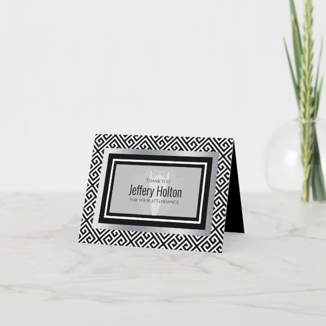 Svart, vit smoking, svart fluga, slips, formell tack kort (Framsida)