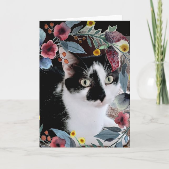 Svart Vit Smokingkatt Foto med Blommor Kort (Framsida)