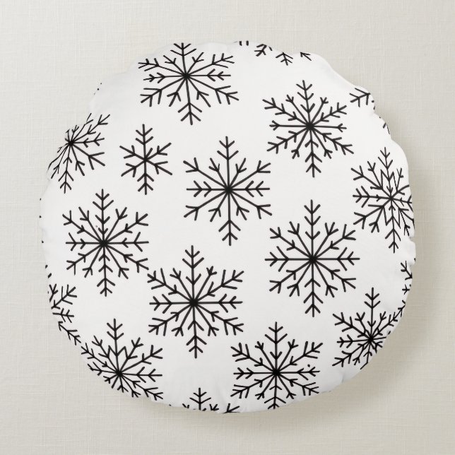 Svart & Vit Snöflinga Kastkudde – Minimalistisk  Rund Kudde (Framsidan)
