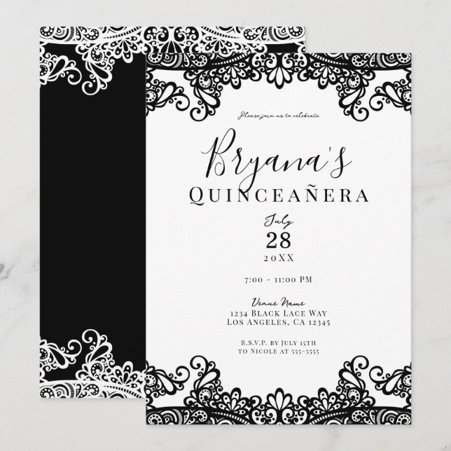 Svart & Vit Spets Elegant Quinceañera-fest Inbjudningar (Fram/baksida)