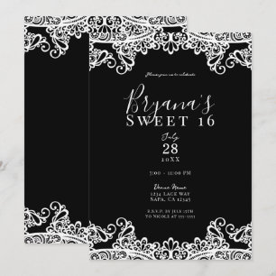 Svart & Vit spets Elegant Sweet 16-fest Inbjudningar