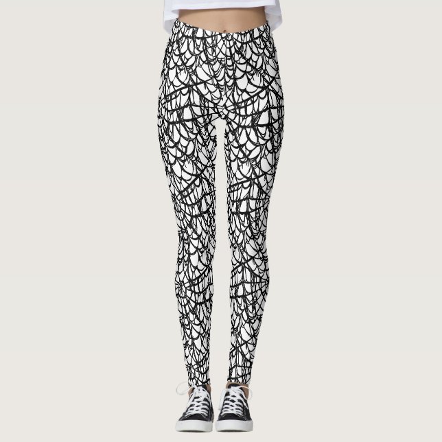Svart-vit spindelnäts Halloween-mönster Leggings (Framsida)