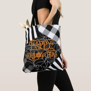 Svart & Vit Spindelnätslappad Halloween Tygkasse