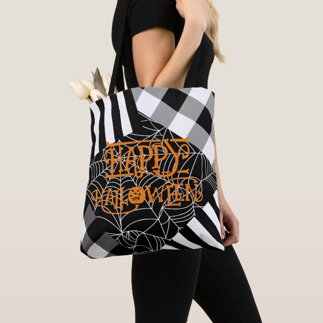 Svart & Vit Spindelnätslappteknik Halloween Tygkasse (Närbild)