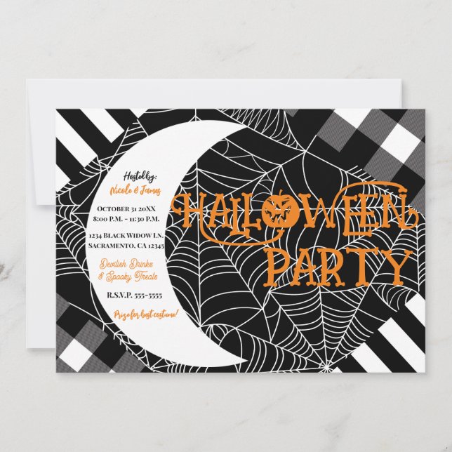 Svart & Vit Spindelnätslappteknik Halloweenfest Inbjudningar (Framsida)