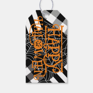 Svart & Vit Spindelnätslappteknik Halloweenfest Presentetikett