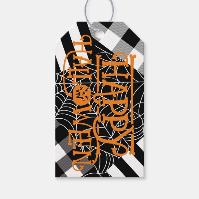 Svart & Vit Spindelnätslappteknik Halloweenfest Presentetikett (Framsidan)