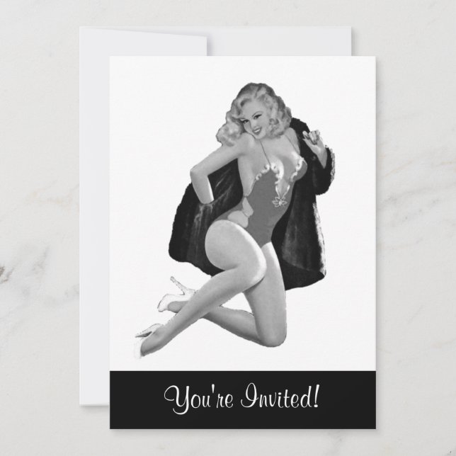 Svart & Vit Stil Pin-Up Tjej 12 Inbjudningar (Framsida)
