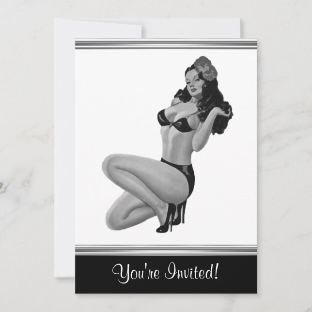 Svart & Vit Stil Pin-Up Tjej 20 Inbjudningar (Framsida)