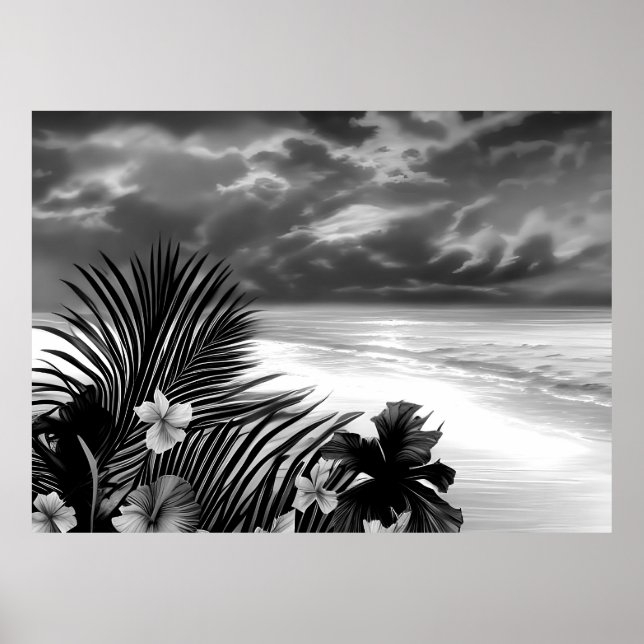 Svart vit Strand Hav Palm Hibiskus blommor Poster (Framsidan)