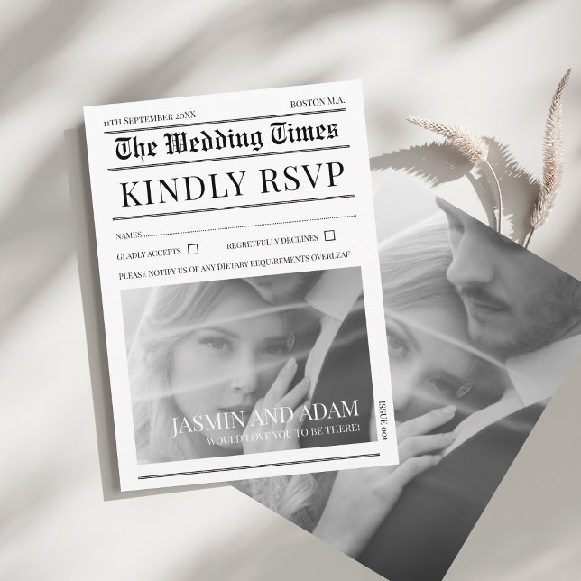 Svart vit, svart, unik Bröllop OSA Tilläggskort (Newspaper Black White Unique Photo Wedding RSVP Enclosure Card)